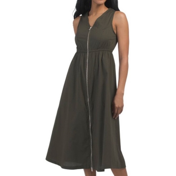 MIAN OLIVE GREEN UTILITY STYLE ZIP FRONT MIDI DRESS! New! L - Picture 1 of 4